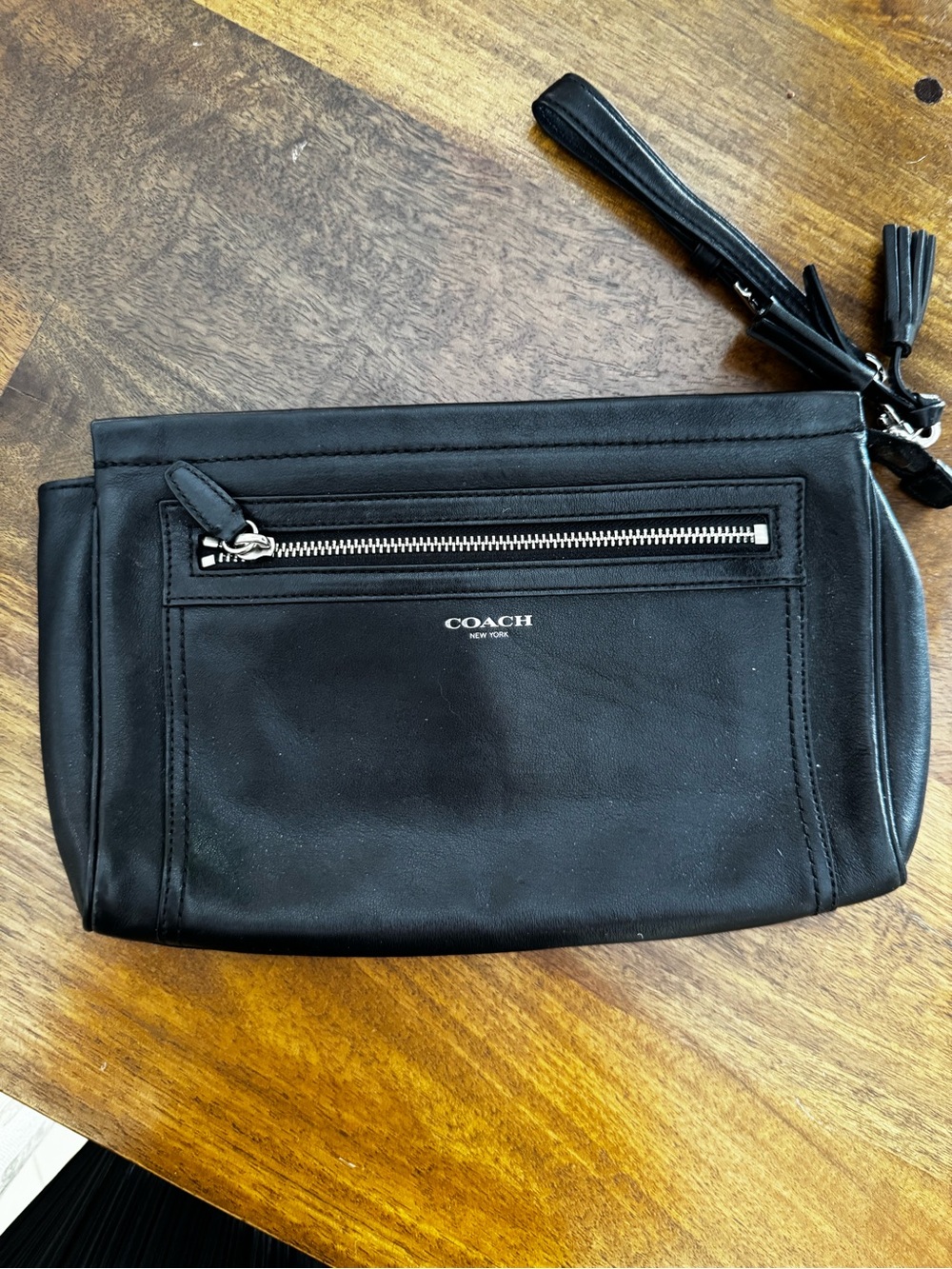 Coach Black Leather Wristlet with Tassel Strap
